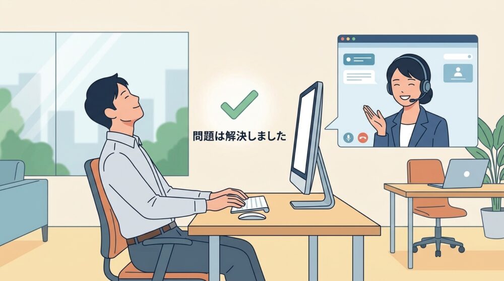 パソコンに向かってほっと安堵の表情を浮かべる日本人ビジネスパーソンと、PC画面越しに笑顔で丁寧に応対する日本人サポートスタッフを描いた構図。二人の間には日本語のメッセージやチェックマークが柔らかな光とともに浮かび、トラブルが円滑に解決した瞬