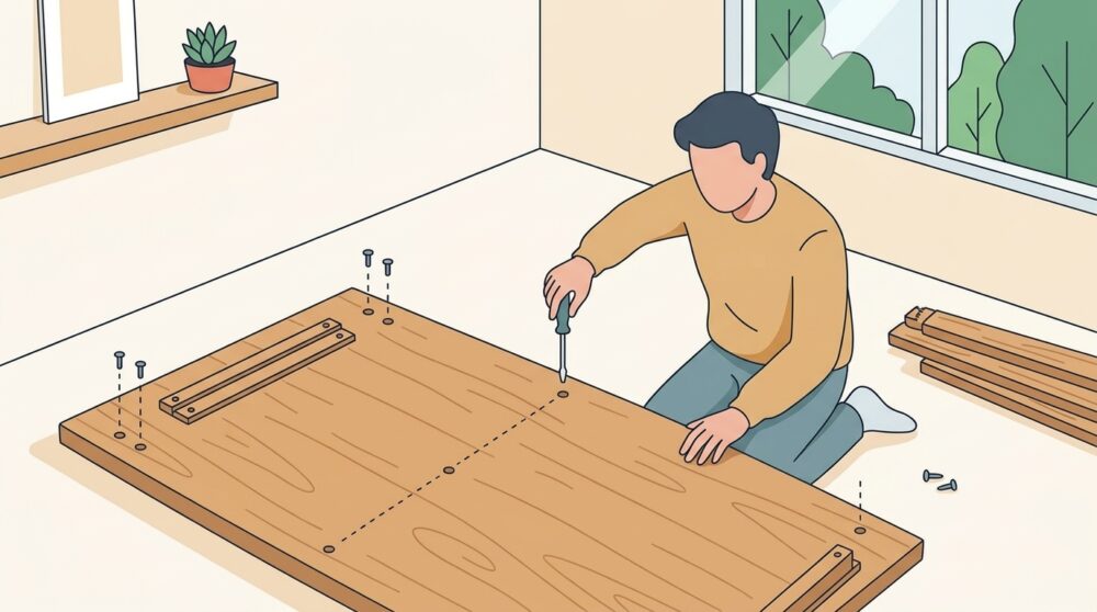 明るく清潔感のある部屋で、手前に裏返された木製デスク天板と、ドライバーを手にして作業する人物を描いた俯瞰構図。天板の裏面にはリモコン取り付け用などのネジ穴が最初から綺麗に加工されている様子がクローズアップされ、組み立ての手軽さが一目でわかり