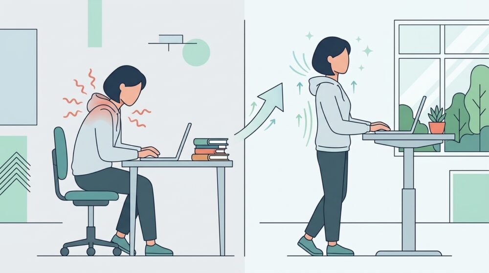 昇降デスクで姿勢がよくなったおかげで「肩こり」が改善した。という画像。