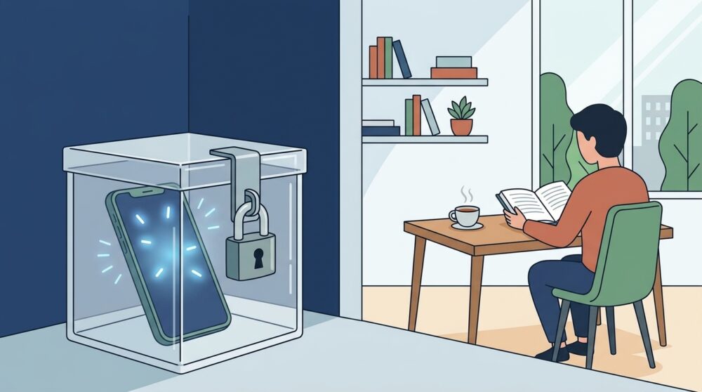 頑丈な南京錠がかけられたケースの中に、通知で青白く光るスマートフォンが厳重に封印されて部屋の片隅に置かれている情景。手前のスマホにピントを合わせつつ、背景にはそこから遠く離れたデスクで、誘惑から解放されて穏やかな表情で温かいお茶を飲みながら