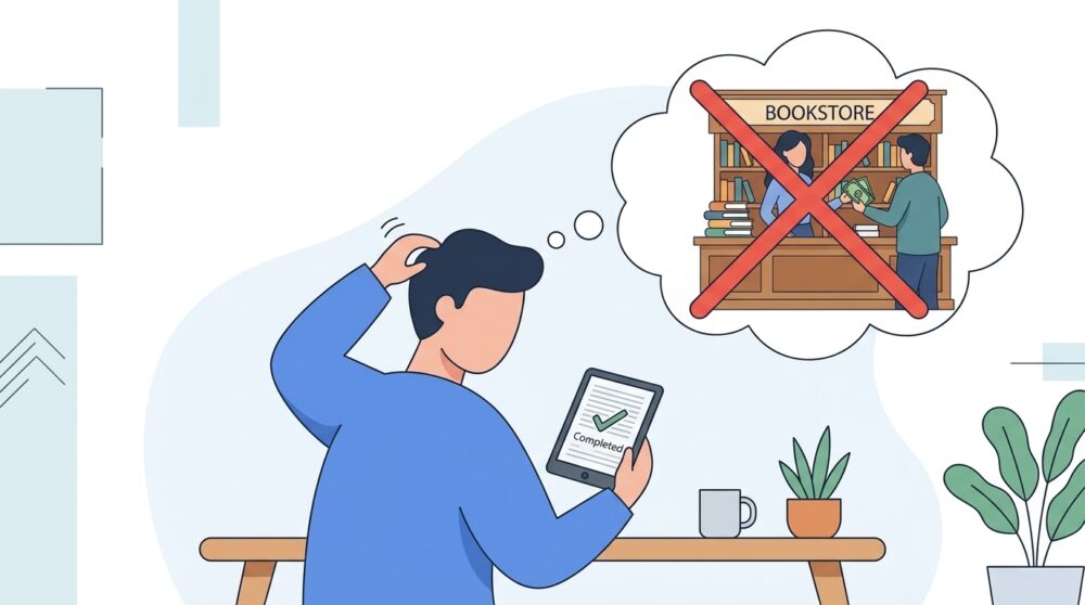 机の上で電子書籍リーダーを眺めながら、「読み終わったけれど売ることができない」と困ったように首をかしげる人物が中央に描かれています。頭上には、古本屋で紙の本を売ってお金に換えているイメージに大きな「×」印がついた吹き出しが浮かんでいます。シ